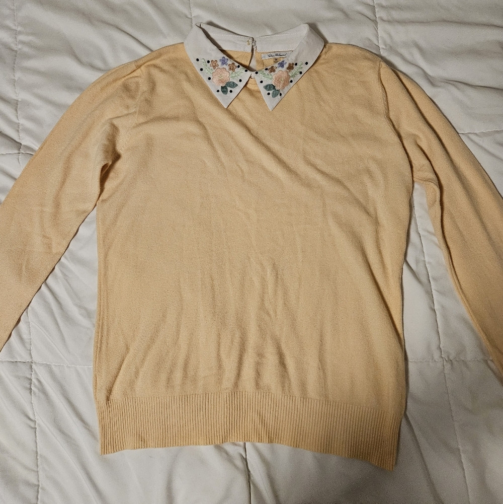 Elegant Women's Sweater with Embroidered Collar - Cream